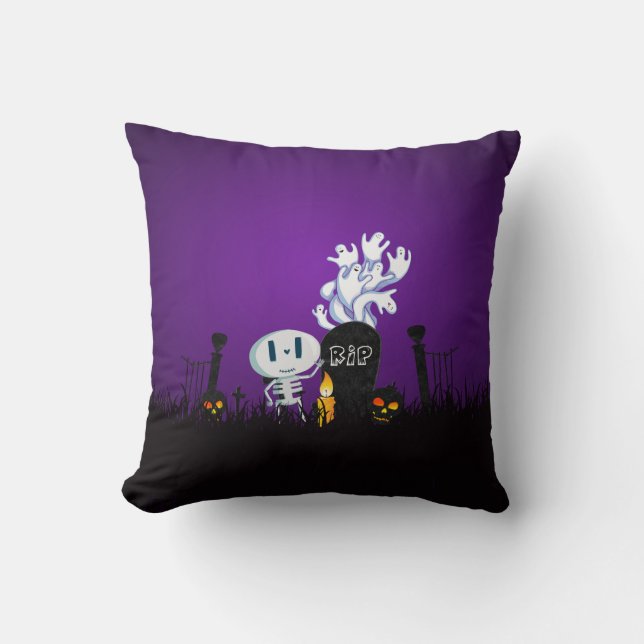 Coussin Halloween Graveyard Éffrayant Cute Skeleton & Ghos (Recto)