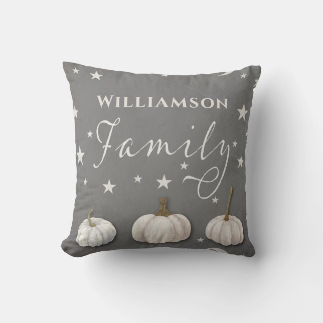 Coussin Halloween gris blanc citrouille famille d'automne (Recto)