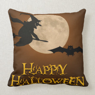 Coussin Halloween heureux ; Pleine lune et sorcière