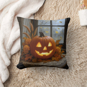 Coussin Halloween Jack-o-Lanterne En Fleurs D'Automne
