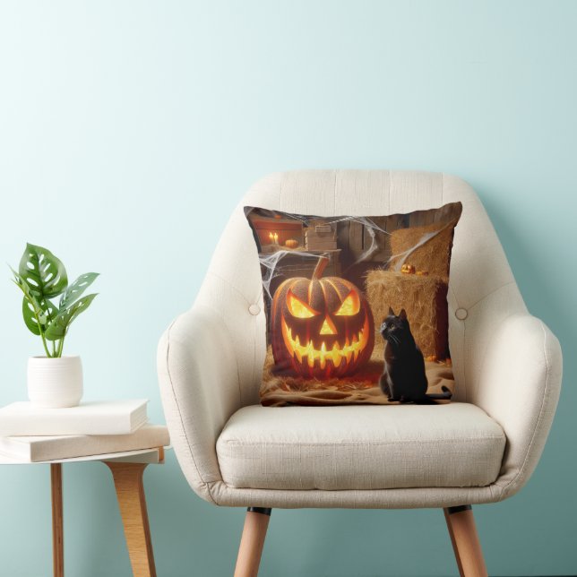 Coussin Halloween Jack-o-lanterne et chat en grange (Chaise)