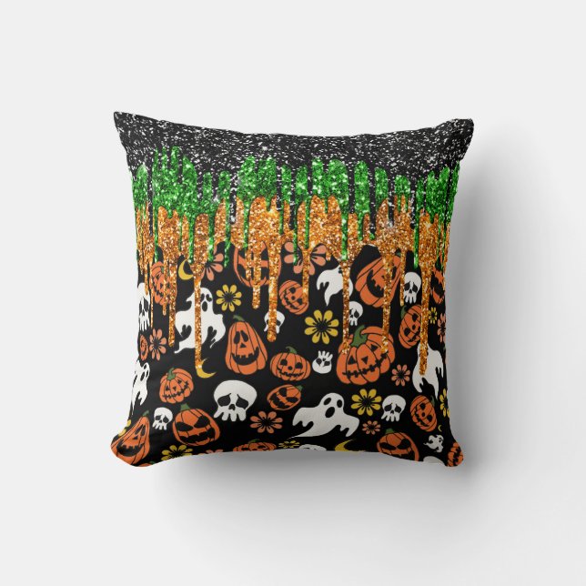 Coussin Halloween Jack Olantern Pumpkins, Flying Ghosts (Recto)