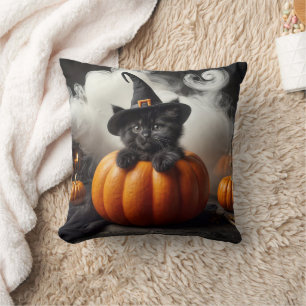 Coussin Halloween Kitten noir en Citrouille