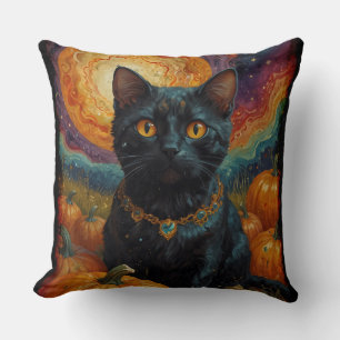 Coussin Halloween Kitten noir et Citrouille