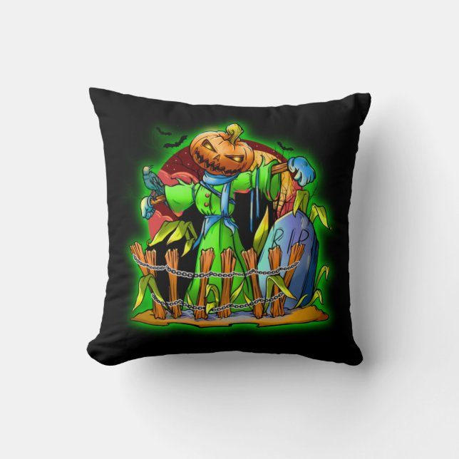 Coussin Halloween Lady Scarecrow Citrouille Head RIP Bats (Recto)