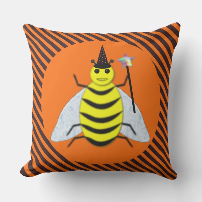 Coussin Halloween Magic Bee Witch Orange et Black Stripes (Recto)
