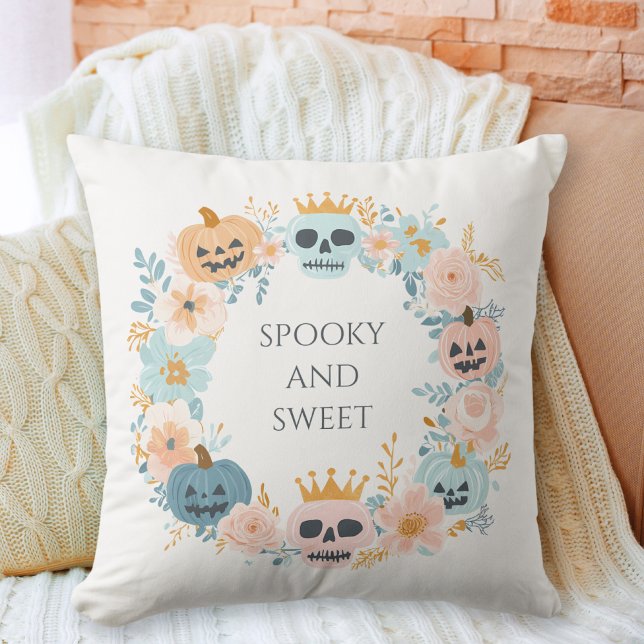 Coussin Halloween mignon crâne Éffrayant Citrouille rose b (Halloween Cute Spooky Skull Pumpkin Pink Blue Chic Throw Pillow)