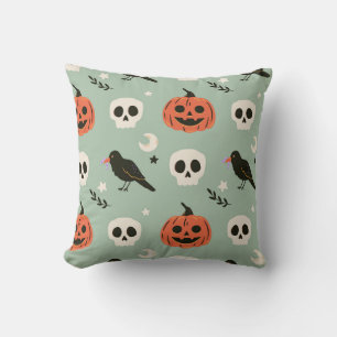 Coussin Halloween motif sans couture avec corbeaux, crânes