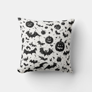 Coussin Halloween Noir Blanc Citrouille Chauve-Souris Dess
