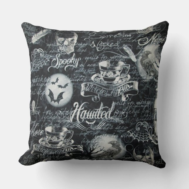 Coussin Halloween noir et blanc hanté (Recto)