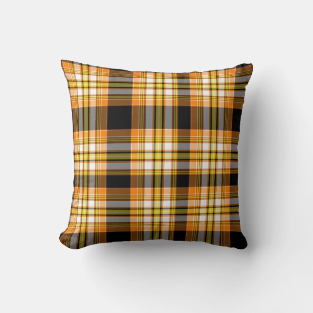 Coussin Halloween orange, jaune, blanc et noir plaid (Recto)