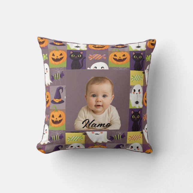 Coussin Halloween photo personnalisée - Décor Éffrayant pe (Recto)