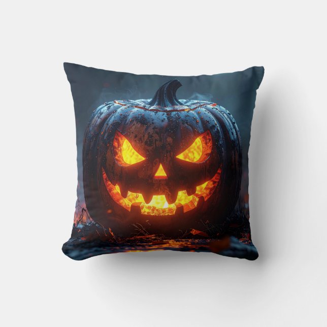Coussin Halloween pumpkin lantern with glowing eyes, dark  (Recto)