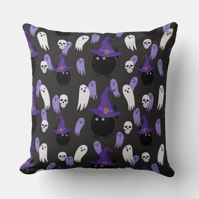 COUSSIN HALLOWEEN PURPLE AVEC CHATS NOIRS ET FEU BLANC (Recto)