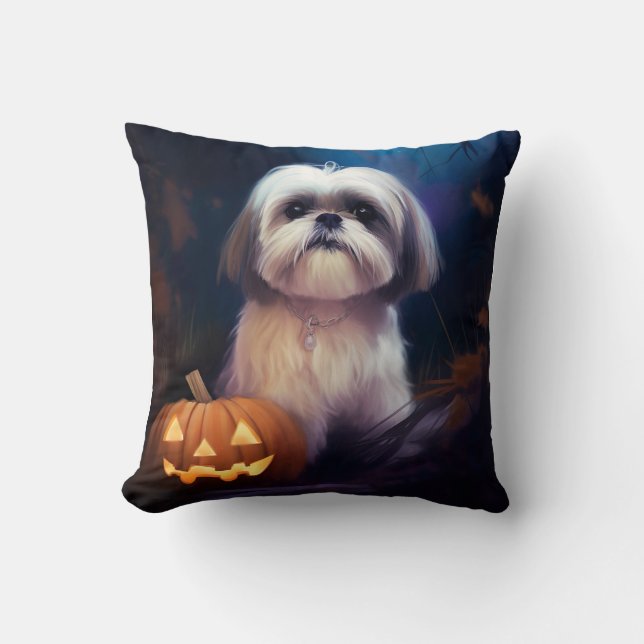 Coussin Halloween Shih Tzu Avec La Peur Citrouille (Recto)