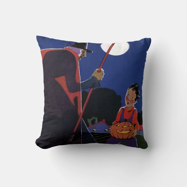 Coussin Halloween vintage, sorcière effrayante avec garçon (Recto)