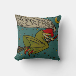 Coussin Halloween vintage, sorcière maléfique voler sur le