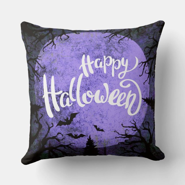 Coussin Halloween violet blanc simple et heureux (Verso)