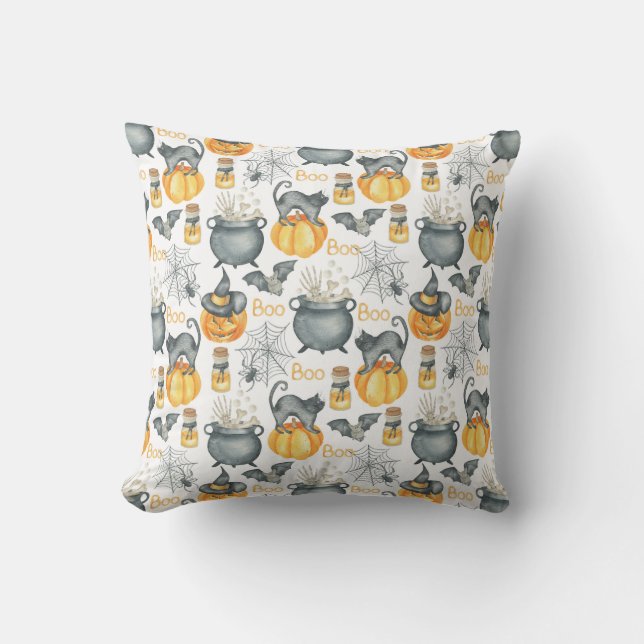 Coussin Halloween Whimsical Cauldron et Motif de chats (Recto)