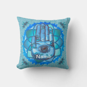 Coussin Hamsa Bleu main Lotus