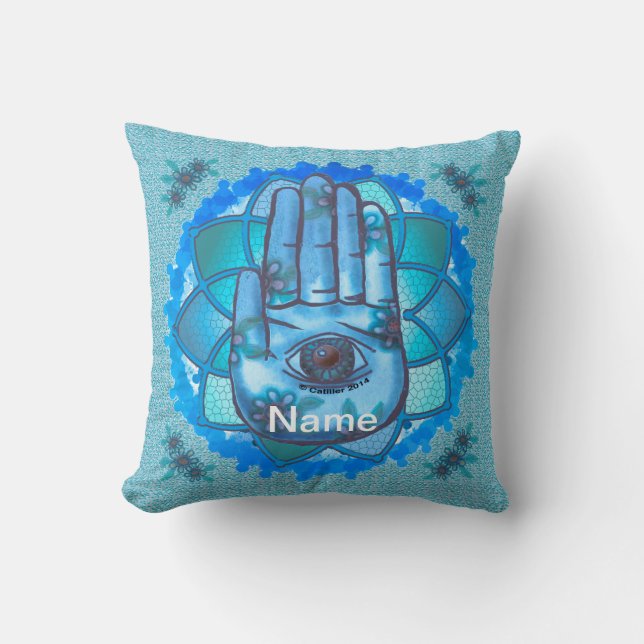 Coussin Hamsa Bleu main Lotus (Recto)