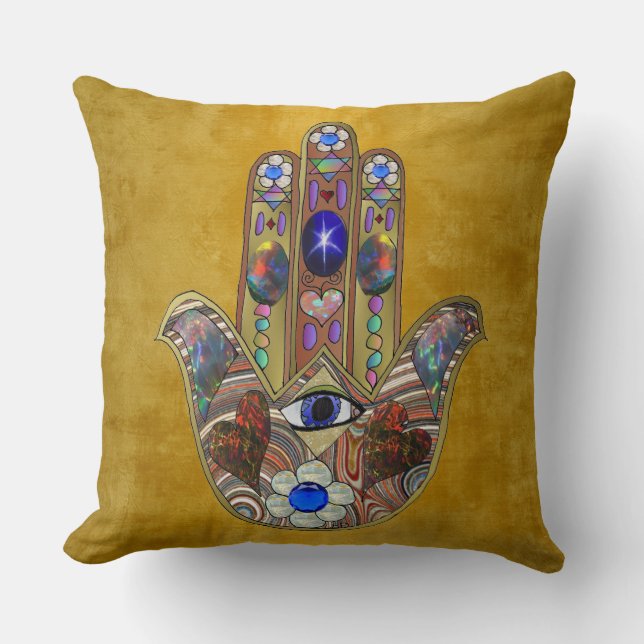 Coussin Hamsa Cœurs Fleurs Opale Art sur Or (Recto)