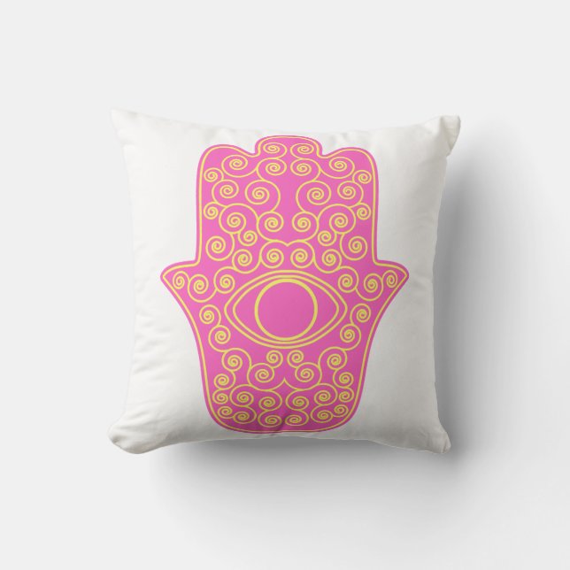 Coussin Hamsa-Main jaune rose de Miriam-Main de Fatima.pn (Recto)