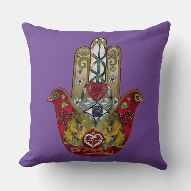 Coussin Hamsa Rouge Oiseau Cœur Grenade Rubis (Recto)