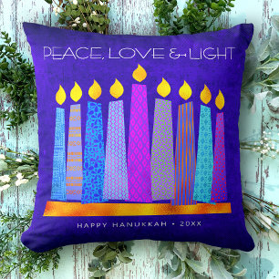 Coussin Hanoukka Blue Boho Motif bougie Peace Love Light