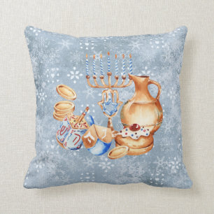 Coussin Hanoukka Chanukah Menorah Aquarelle Bleu Neige