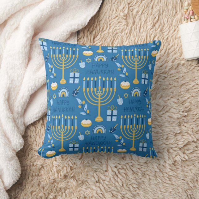 Coussin Hanoukka Menorah Blue Star de David Throw Pillow (Couverture)
