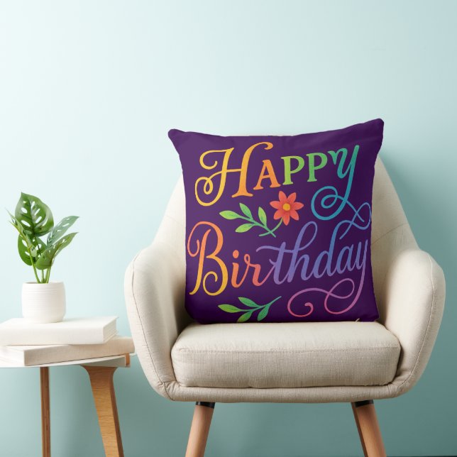 Coussin Happy Birthday Floral Rainbow Throw Pillow 20"x 20 (Chaise)