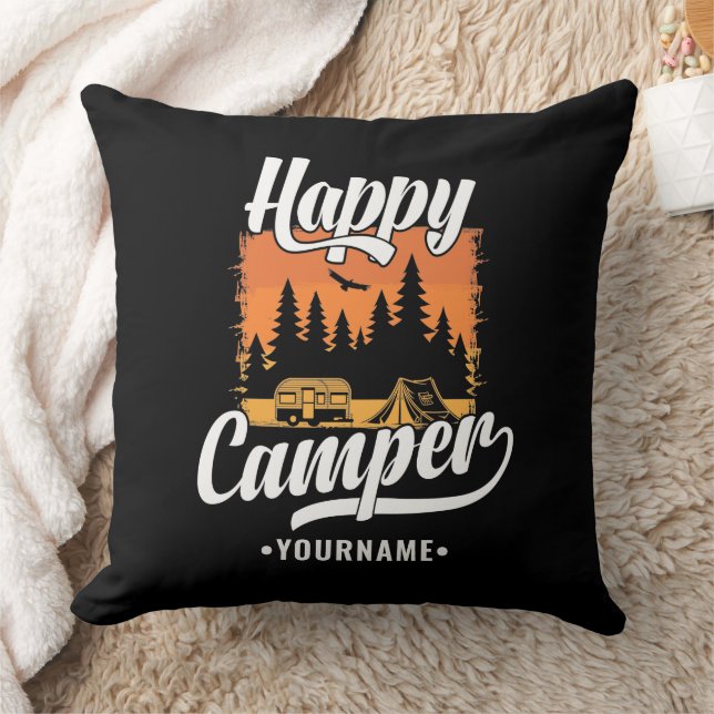Coussin Happy Camper Camping Randonnée Voyage Caravan Life (Couverture)