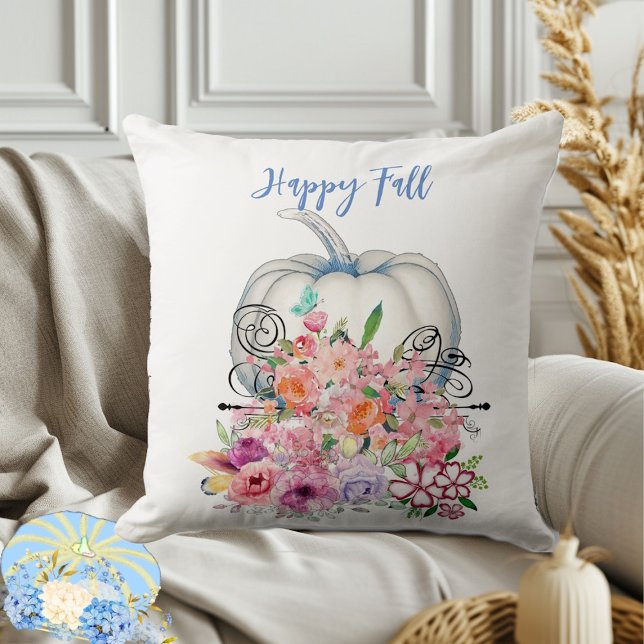 Coussin Happy Chute Blanc Citrouille Aquarelle Rose Flora (Happy Fall White Pumpkin Watercolor Pink Flora Throw Pillow)