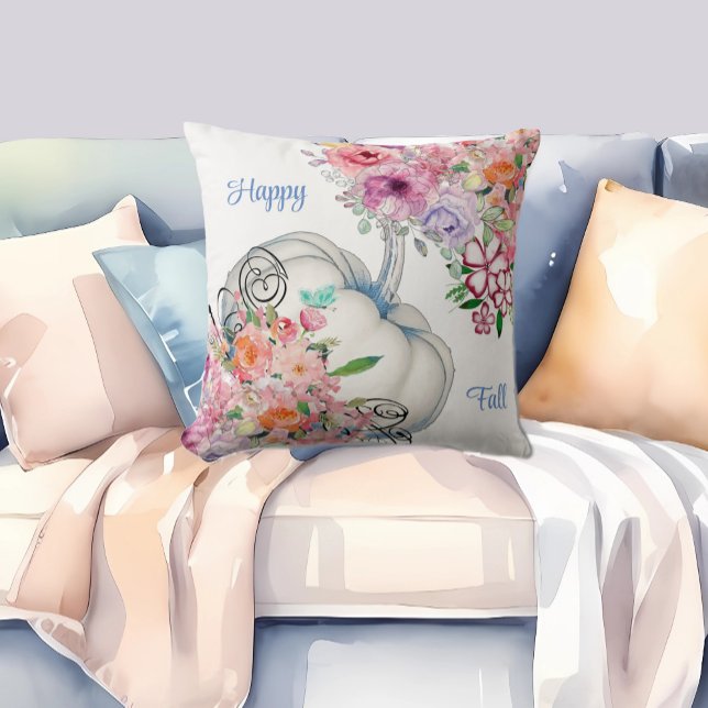 Coussin Happy Fall Blanc Citrouille Aquarelle Floral Floro (Happy Fall White Pumpkin Watercolor Floral Blooms Throw Pillow)