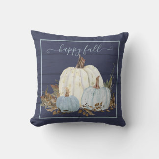 Coussin Happy Fall Navy Blue White Pumpkins Rustic Wood