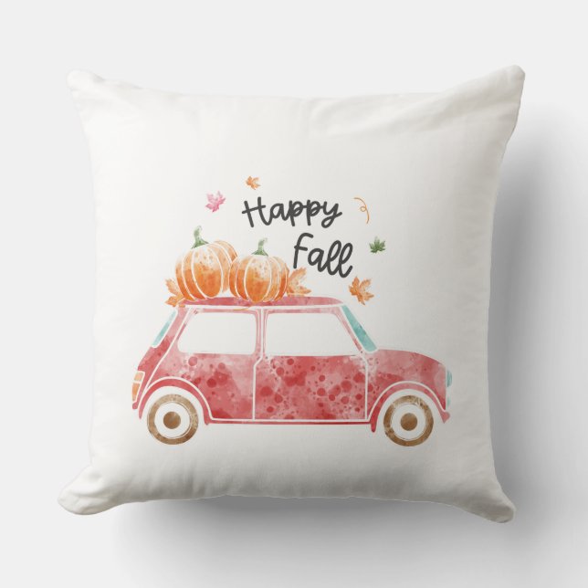 Coussin Happy Fall - Voiture rose avec Citrouille Automne (Recto)