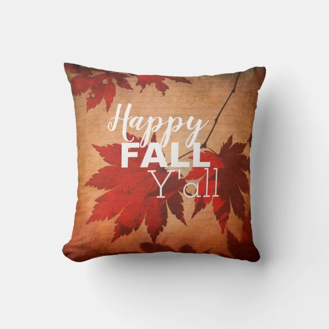Coussin Happy Fall Y’all Automne Feuilles Typographie (Recto)