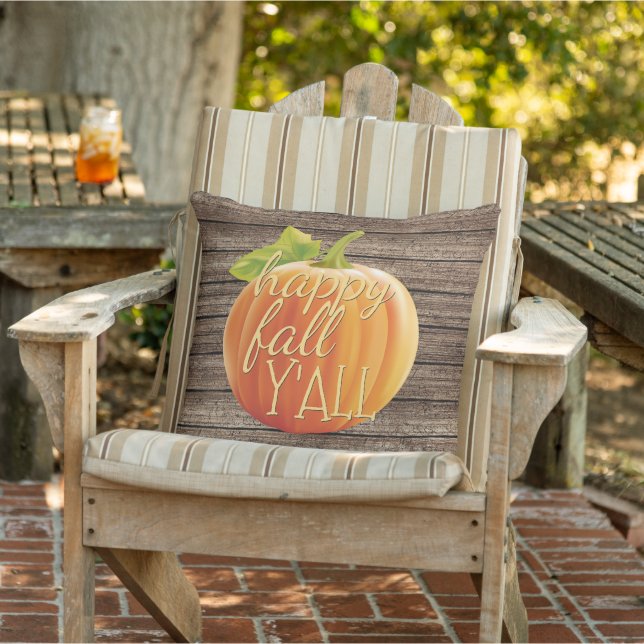 Coussin Happy Fall Y'all Orange Citrouille sur Planks Moti (Chaise)