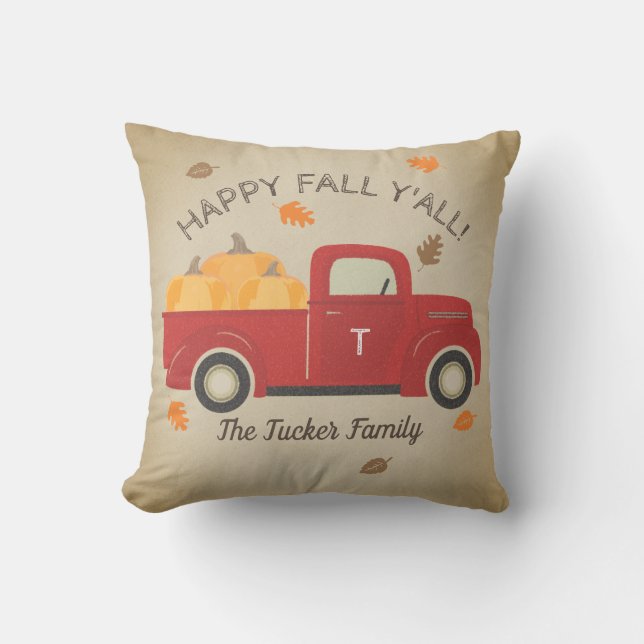 Coussin Happy FALL Y'all Red Truck Citrouilles Monogramme (Recto)
