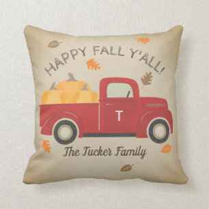 Coussin Happy FALL Y'all Red Truck Citrouilles Monogramme