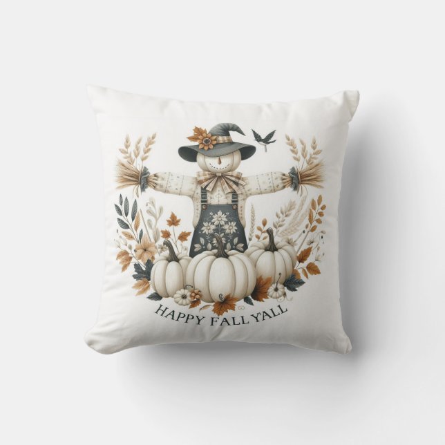 Coussin Happy Fall Y'all Scarecrow et Autumn Foliing (Recto)