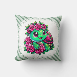 Coussin Happy Green Turtle with Pink Roses