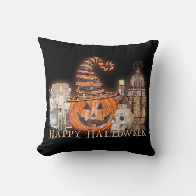Coussin Happy Halloween Citrouille aquarelle (Recto)