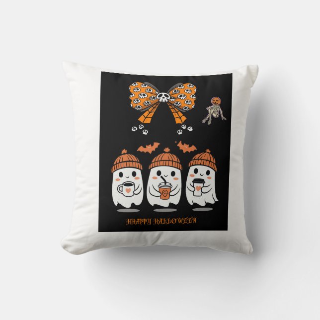 Coussin Happy Halloween – fantômes café mignons (Recto)