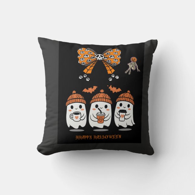 Coussin Happy Halloween – fantômes café mignons (Recto)