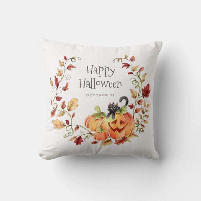Coussin Happy Halloween Foliage d'automne Chat noir (Recto)