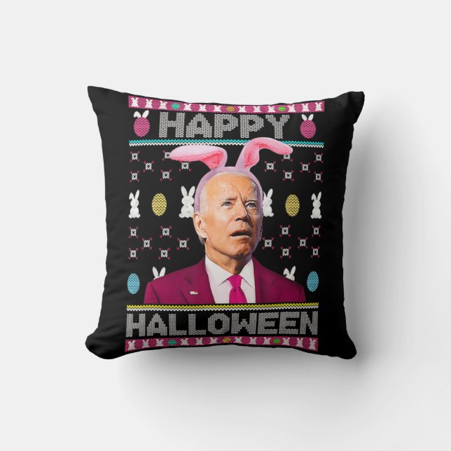 Coussin Happy Halloween Fun Bunny Joe Biden Confus Easte (Recto)