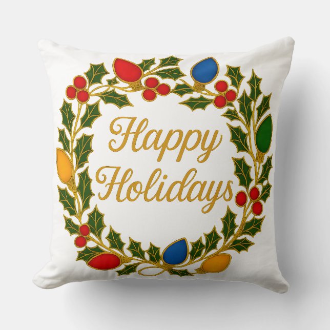 Coussin Happy Holidays Wreath Christmas Lights and Holly (Recto)