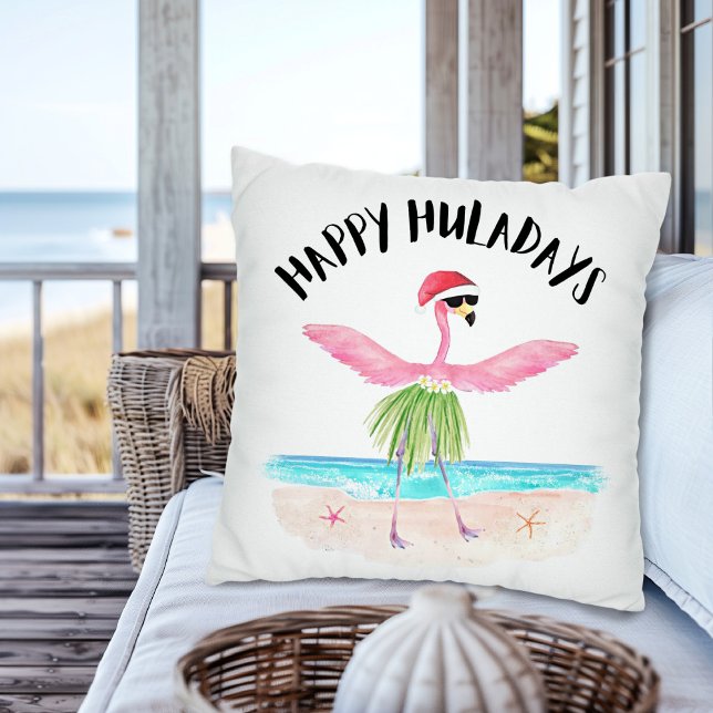 Coussin Happy Huladays Flamant rose Père Noël Noël tropica (Créateur téléchargé)